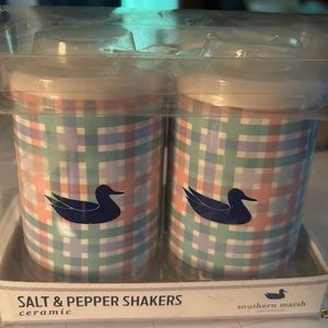 Southern Marsh ceramic salt and pepper shakers. NIB. Pink and blue gingham